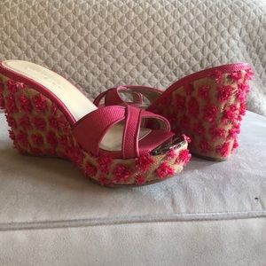 Jimmy Choo Pink Embellished wedge sandals, never worn. Sz. 8. NWOT